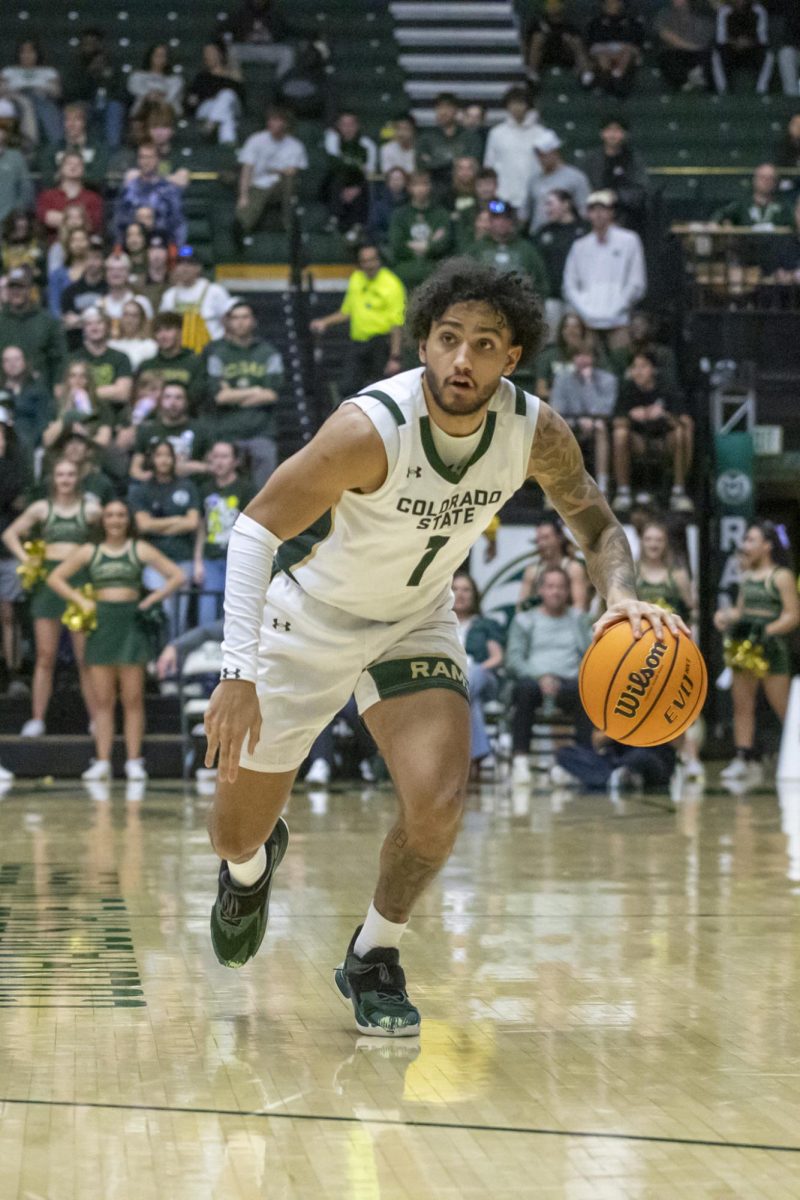 Colorado State University men's basketball guard Josh Pascarelli (1) dribbles the ball down the court during CSU's game against San Jose State University Feb. 7.
