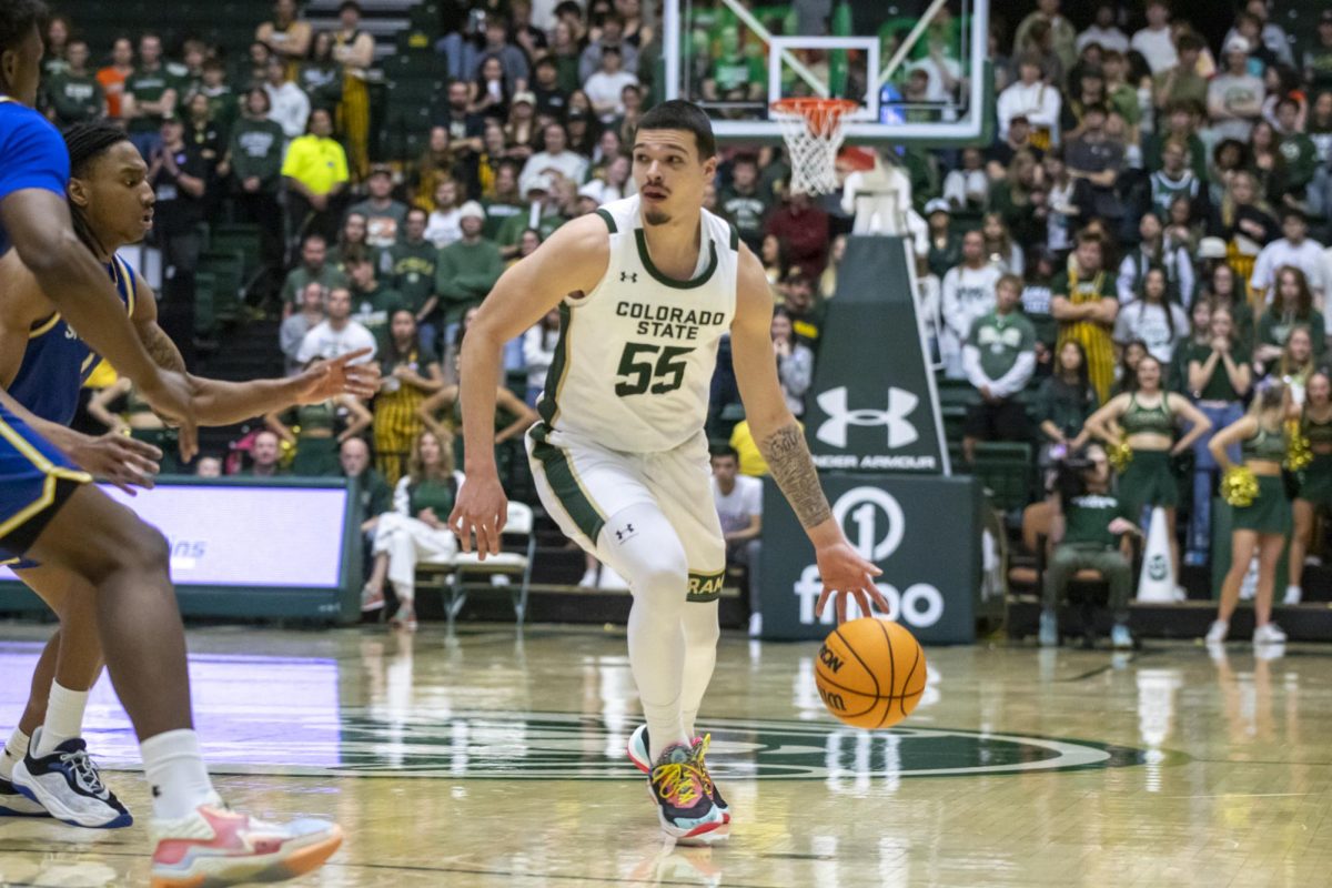 Colorado State University men's basketball guard Jevin Muniz (55) dribbles the ball during CSU's game against San Jose State University Feb. 7.