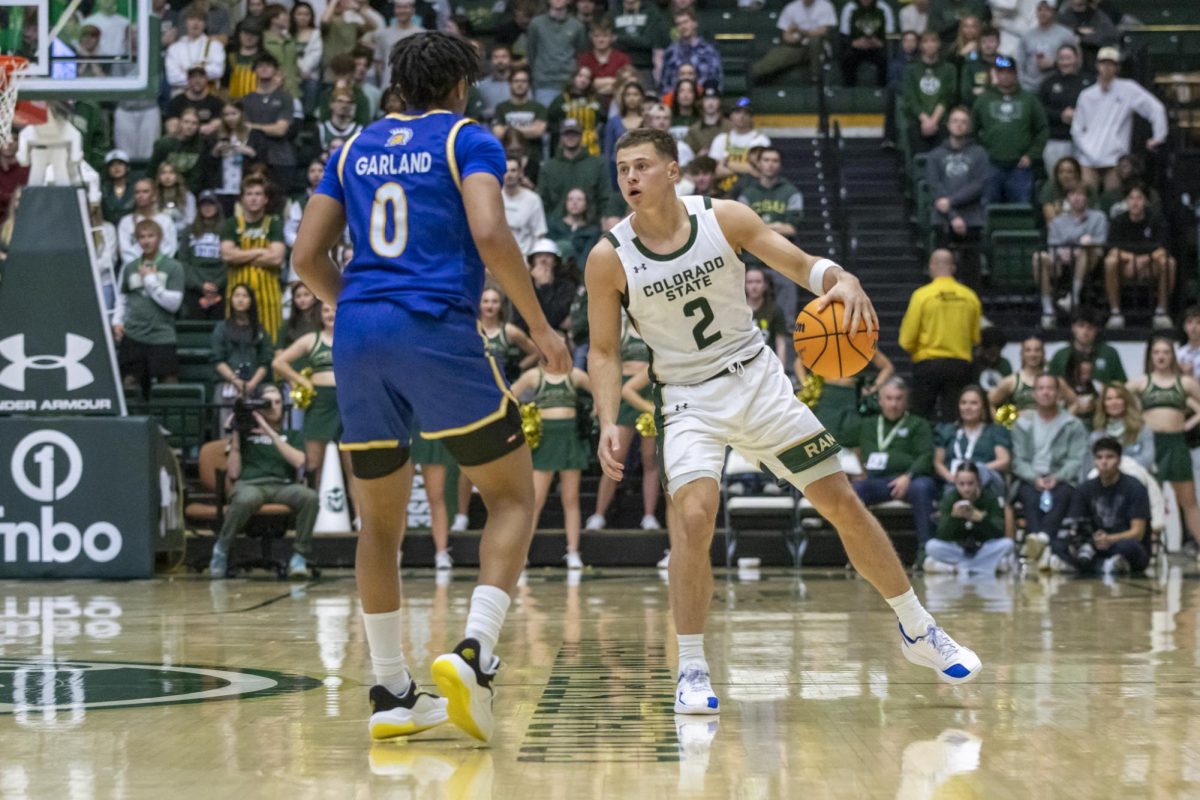Colorado State University men's basketball guard Brandon Rechsteiner (2) dribbles the ball against San Jose State University guard Colby Garland (0) Feb. 7.