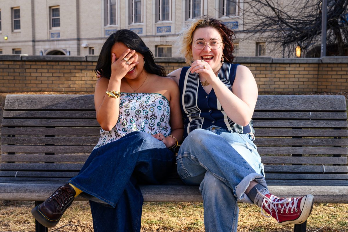 Colorado State University students Nicole Vicente and Millie Queen talk about the story of their relationship on the CSU Oval Feb. 7. Vicente and Queen met at CSU and have been a couple for nine months. "She would tell me all this stuff about how beautiful and wonderful I am, and we'd go basically on dates together," Vicente said. "This is all when we're living together, but we're not dating yet."