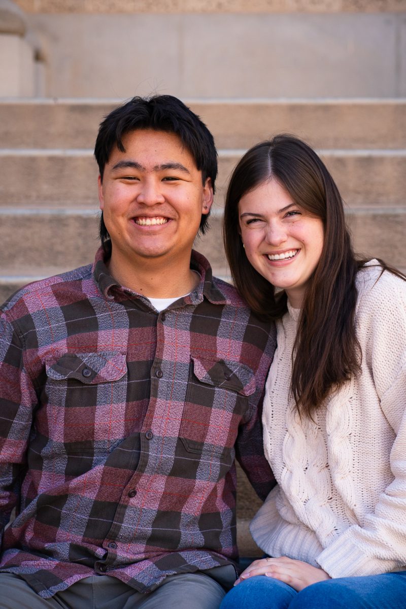 Peter Fredo and Kali Kirkpatrick pose for a photo on the steps of the Colorado State University Administration Building Sunday, Feb. 8. 