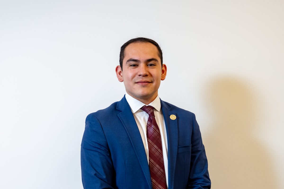 Associate Students of Colorado State University presidential candidate Estevan Vega poses for a photo Feb. 19