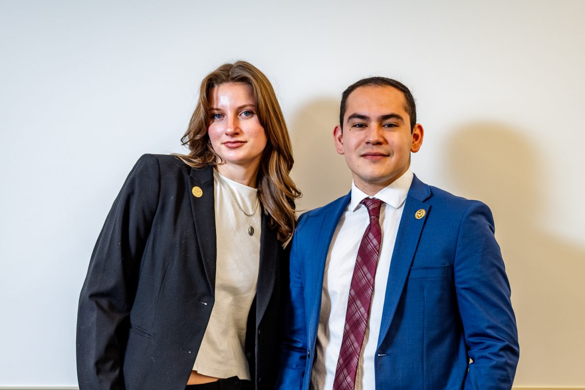 Associate Students of Colorado State University vice presidential and presidential candidates Miriam Hill and Estevan Vega pose for a photo Feb. 19.