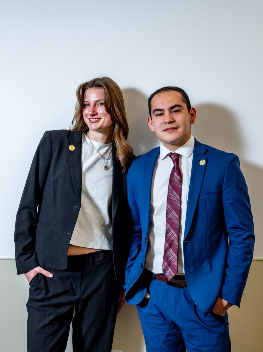 Associate Students of Colorado State University vice presidential and presidential candidates Miriam Hill and Estevan Vega pose for a photo Feb. 19.