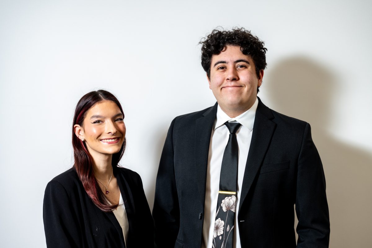 Associate Students of Colorado State University presidential and vice presidential candidates Victoria Quesada-Stoner and Ben Gregg pose for a photo Feb. 19.