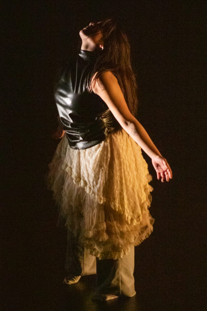 A dancer from University of Wyoming Dance performs during a dress rehearsal of Colorado State University Dance’s Body/Speak: Dance Community Collaboration in the University Dance Theater Feb. 20. This dance concert aims to provide an uplifting environment for local artists to showcase their talent, and is co-directed by Susie Garifi and Julia Cooper.