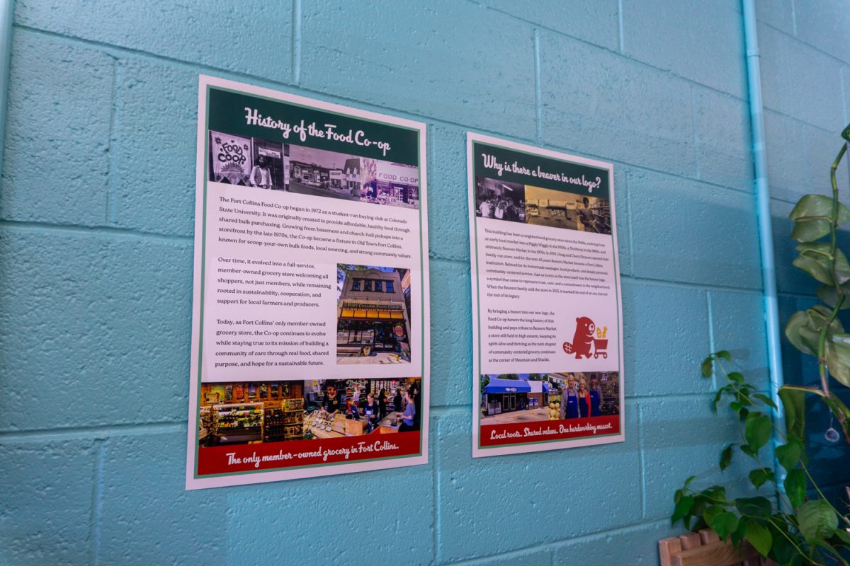 Flyers with information about the history of the Fort Collins Food Co-Op and why there is now a beaver in the logo are on the wall at the new location of the Co-Op Feb 22. The store relocated from 250 E Mountain Ave to 1100 W Mountain Ave to expand it's space and offerings. 