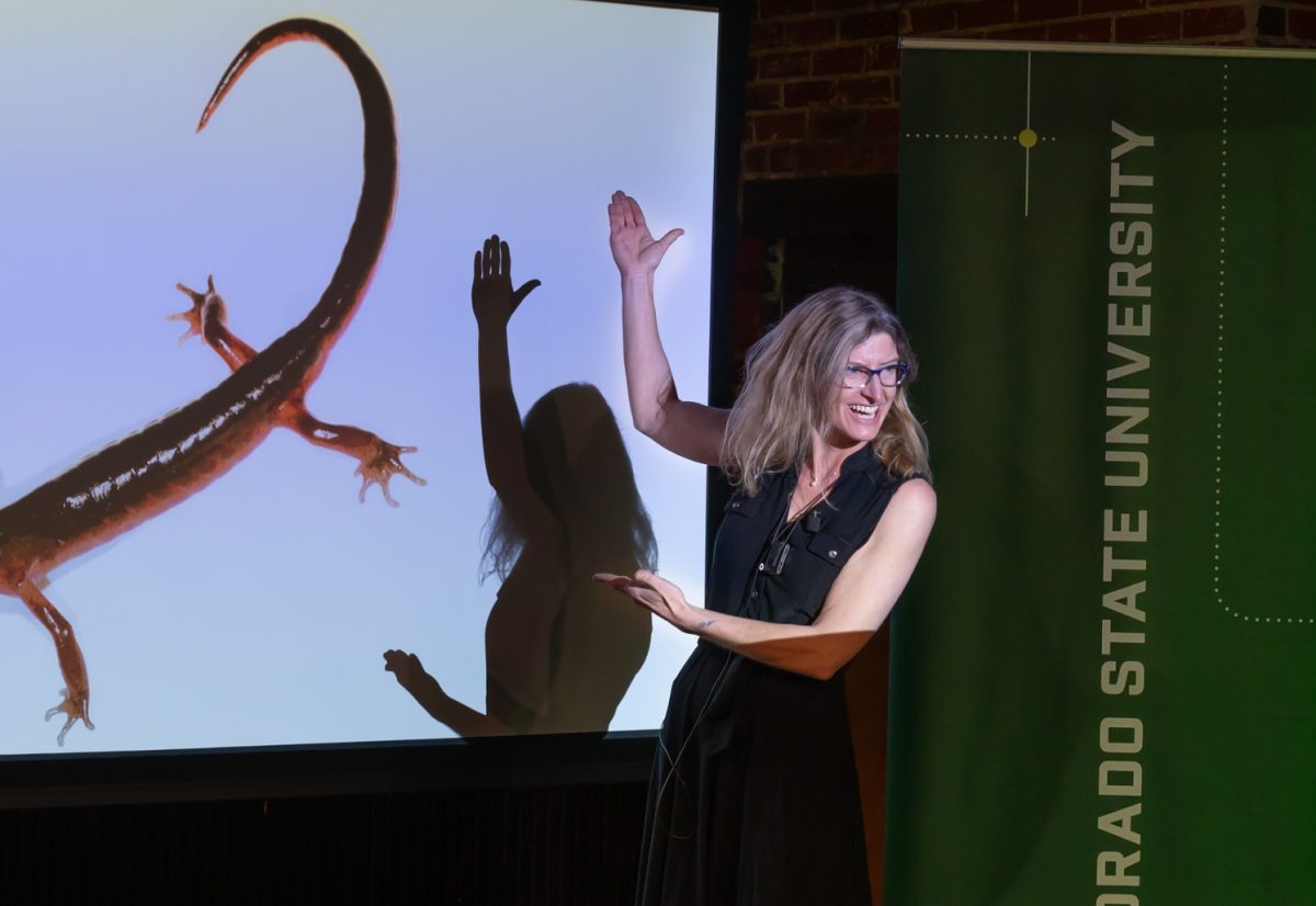 Rachel Mueller, a Colorado State University biology professor, begins her Ram Talks lecture Feb. 26. 