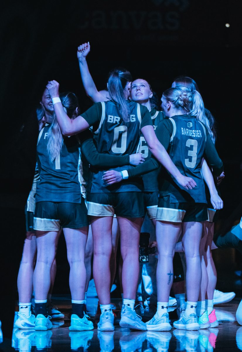 The Colorado State University Womens Basketball team huddles before their senior night game against the Air Force at Moby Arena. Rams won against the Falcons 66-52 Feb. 28.