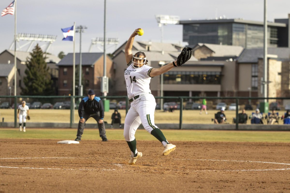 Giselle Bentley (14) pitches the ball during game against Creighton. The Rams won 6-2 at the CSU softball field on Feb. 28.