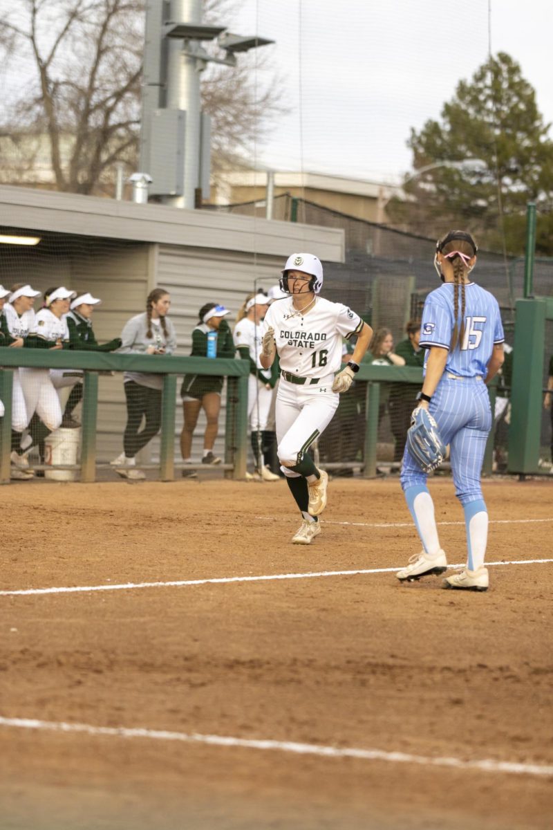 Lauren Stucky (16) runs to home plate during game against Creighton. The Rams won 6-2 at the CSU softball field on Feb. 28.