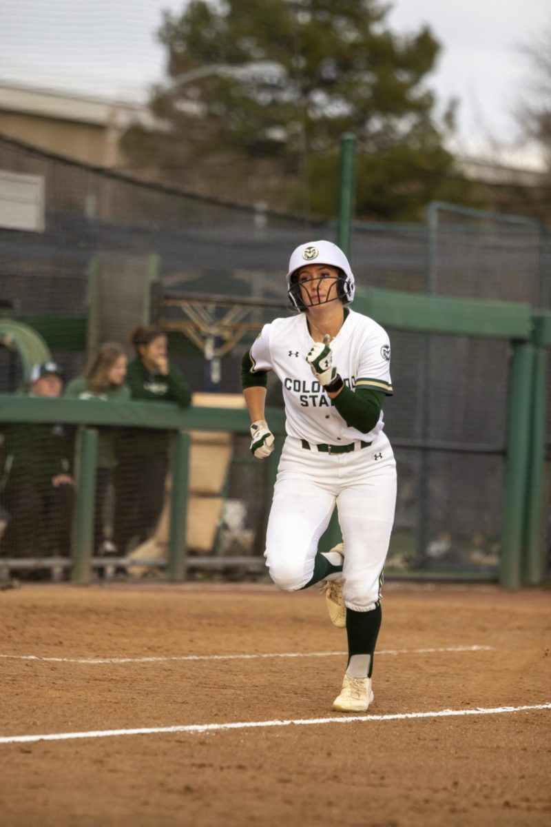 A CSU softball player runs to home plate during game against Creighton. The Rams won 6-2 at the CSU softball field on Feb. 28.