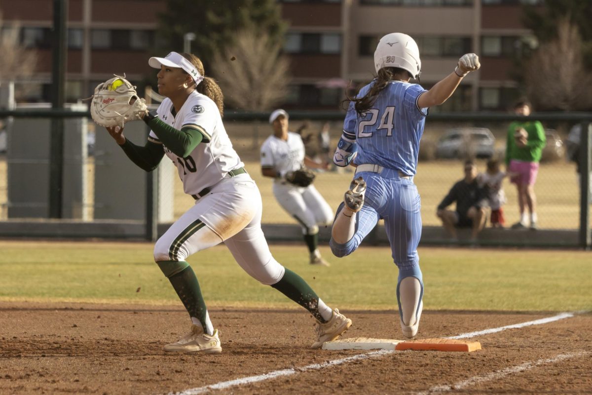 Jailey Wilson (10) catches a throw to first base during game against Creighton. The Rams won 6-2 at the CSU softball field on Feb. 28.