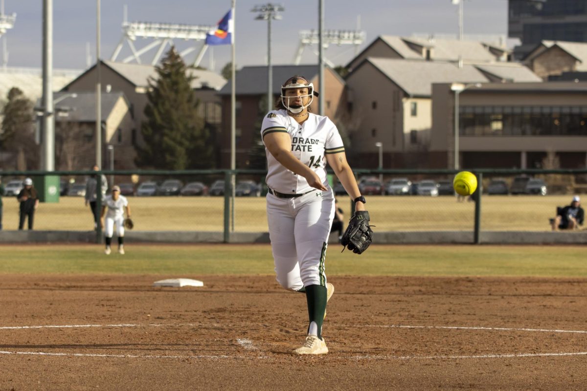 Giselle Bentley (14) pitches the ball during game against Creighton. The Rams won 6-2 at the CSU softball field on Feb. 28.