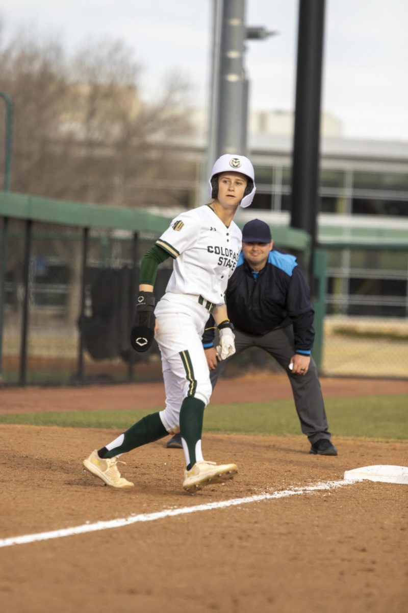 Kaylynn English (28) leads off of third base during game against Creighton. The Rams won 6-2 at the CSU softball field on Feb. 28.