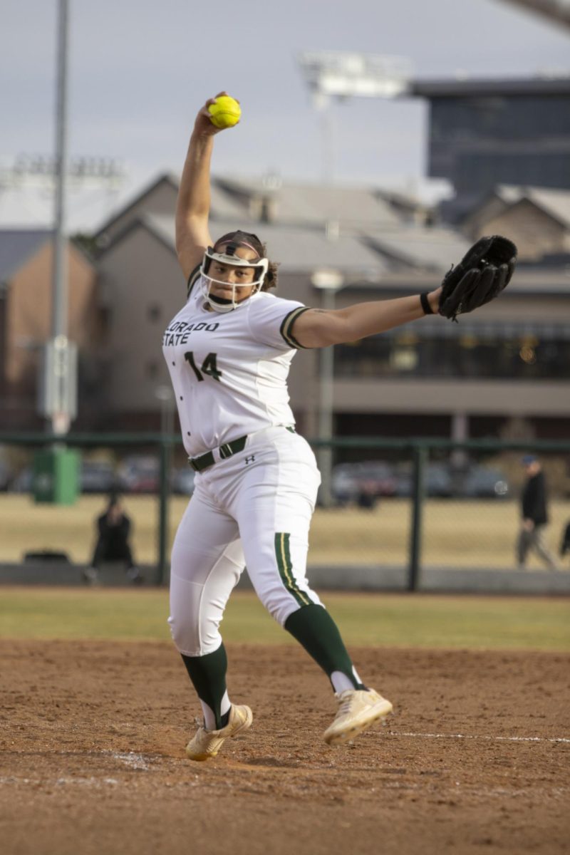 Giselle Bentley (14) pitches the ball during game against Creighton. The Rams won 6-2 at the CSU softball field on Feb. 28.