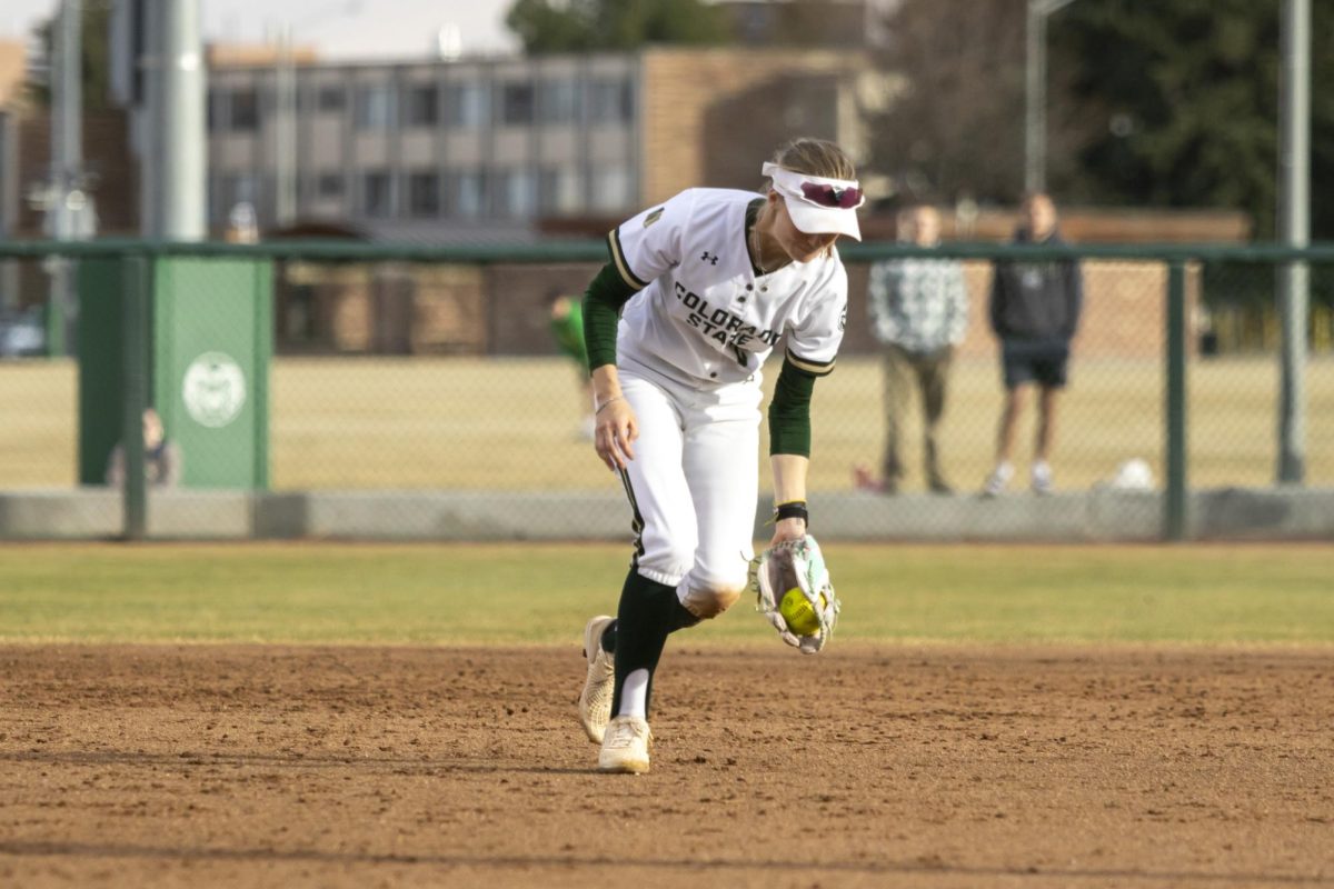 Kaylynn English (28) feilds a ball during game against Creighton. The Rams won 6-2 at the CSU softball field on Feb. 28.