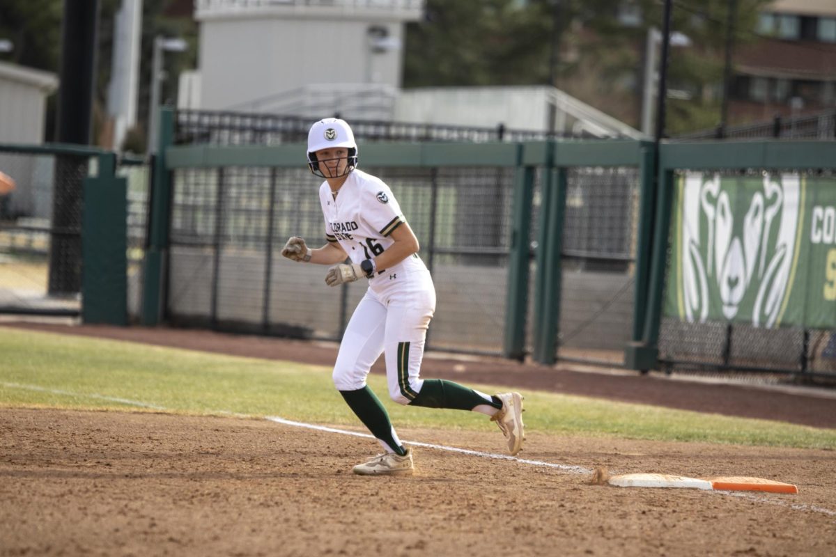 Lauren Stucky (16) leads off of first base during game against UNC. The Rams won 5-1 at the CSU softball field on Feb. 28.