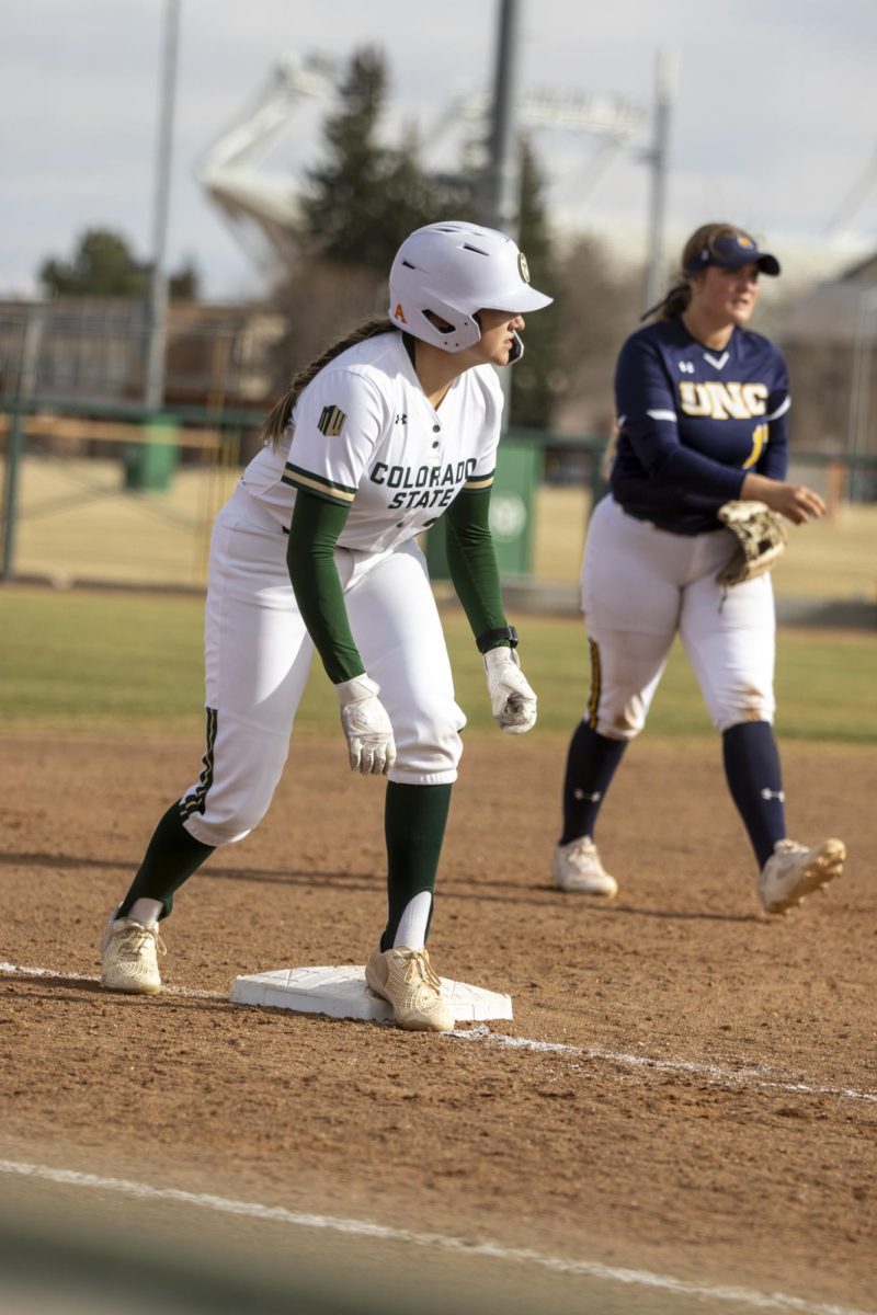 Nadia DeZeeuw (23) prepares to lead off of third and run home during game against UNC. The Rams won 5-1 at the CSU softball field on Feb. 28.
