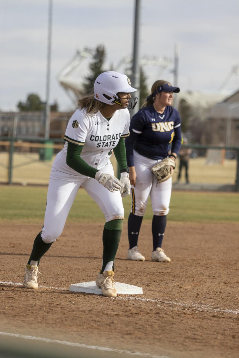 Jailey Wilson (10) prepares to lead off of third and run home during game against UNC. The Rams won 5-1 at the CSU softball field on Feb. 28.