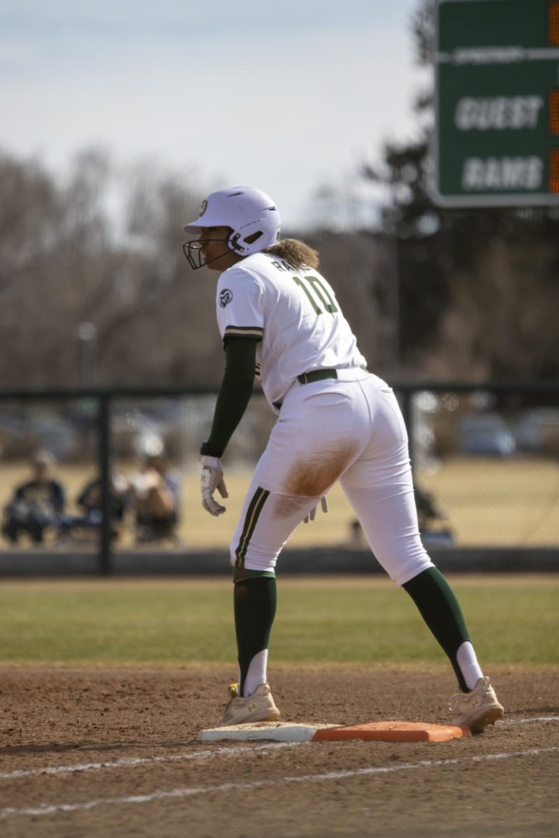 Jailey Wilson (10) prepares to lead off first base during game against UNC. The Rams won 5-1 at the CSU softball field on Feb. 28.