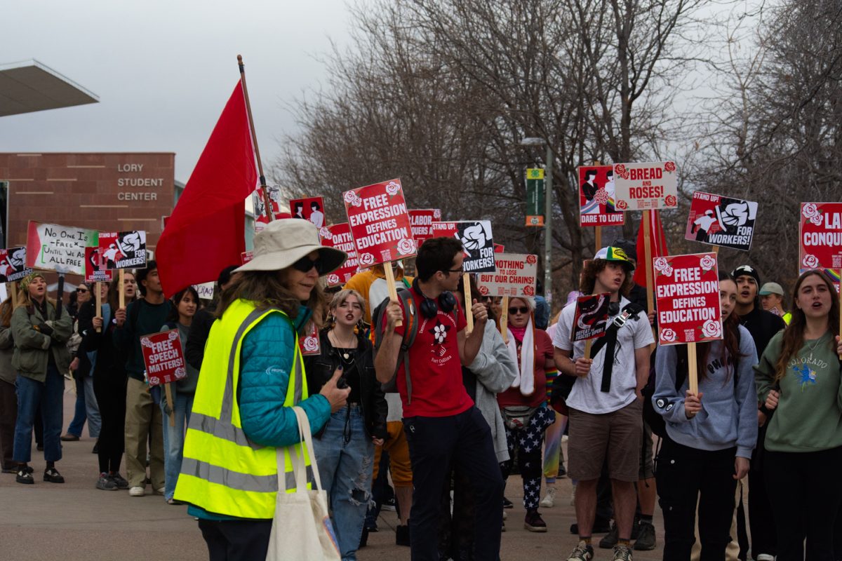 Colorado State University students and community members gather and march on the Lory Student Center Plaza for a protest sanctioned by CSU's chapter of the American Association of University Professors Nov. 7, 2025.