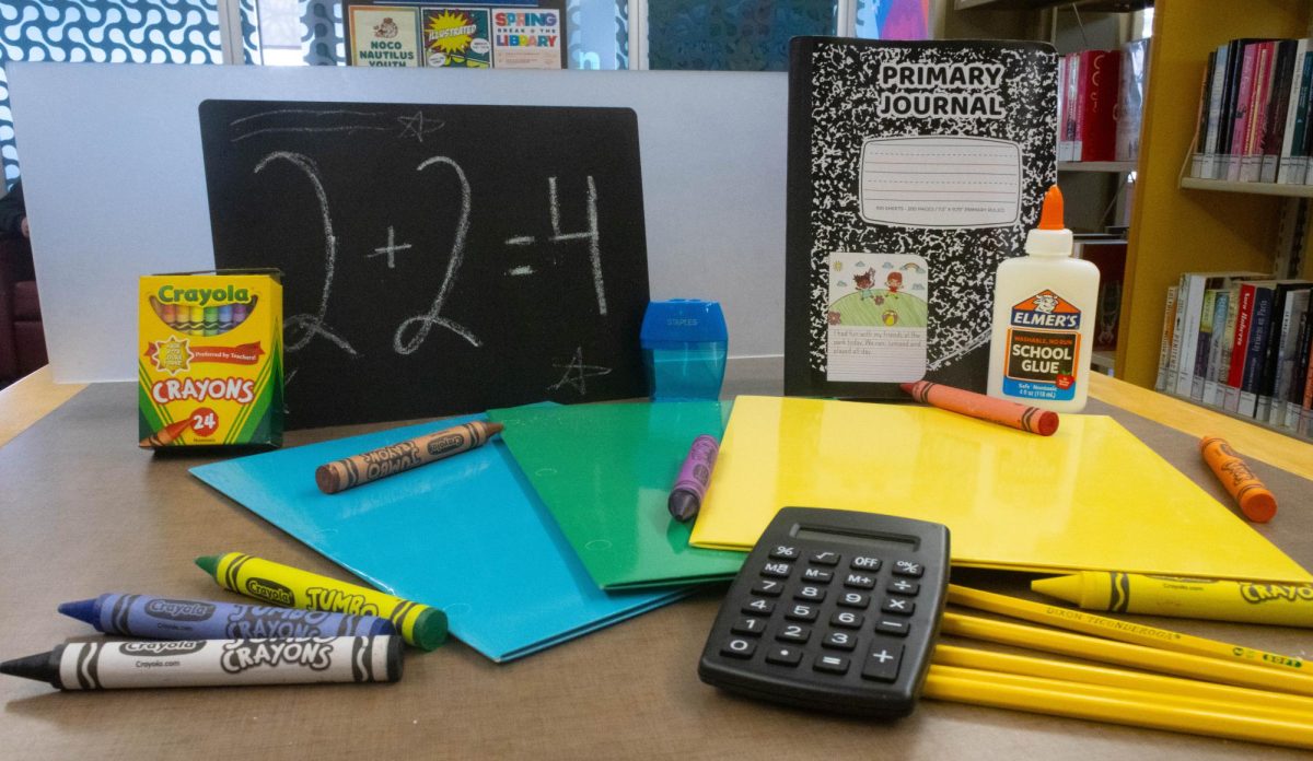 A black chalkboard and a composition notebook stand behind three colored folders, with different crayons scattered around the photo. There is a calculator sitting on top of the folders.