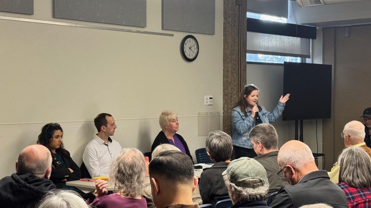 Sen. Janice Marchman speaks at a Fort Collins town hall meeting held in the Old Town Library alongside Reps. Yara Zokaie and Andrew Boesenecker and Sen. Cathy Kipp Feb. 1.