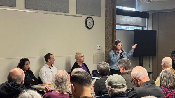 Sen. Janice Marchman speaks at a Fort Collins town hall meeting held in the Old Town Library alongside Reps. Yara Zokaie and Andrew Boesenecker and Sen. Cathy Kipp Feb. 1.