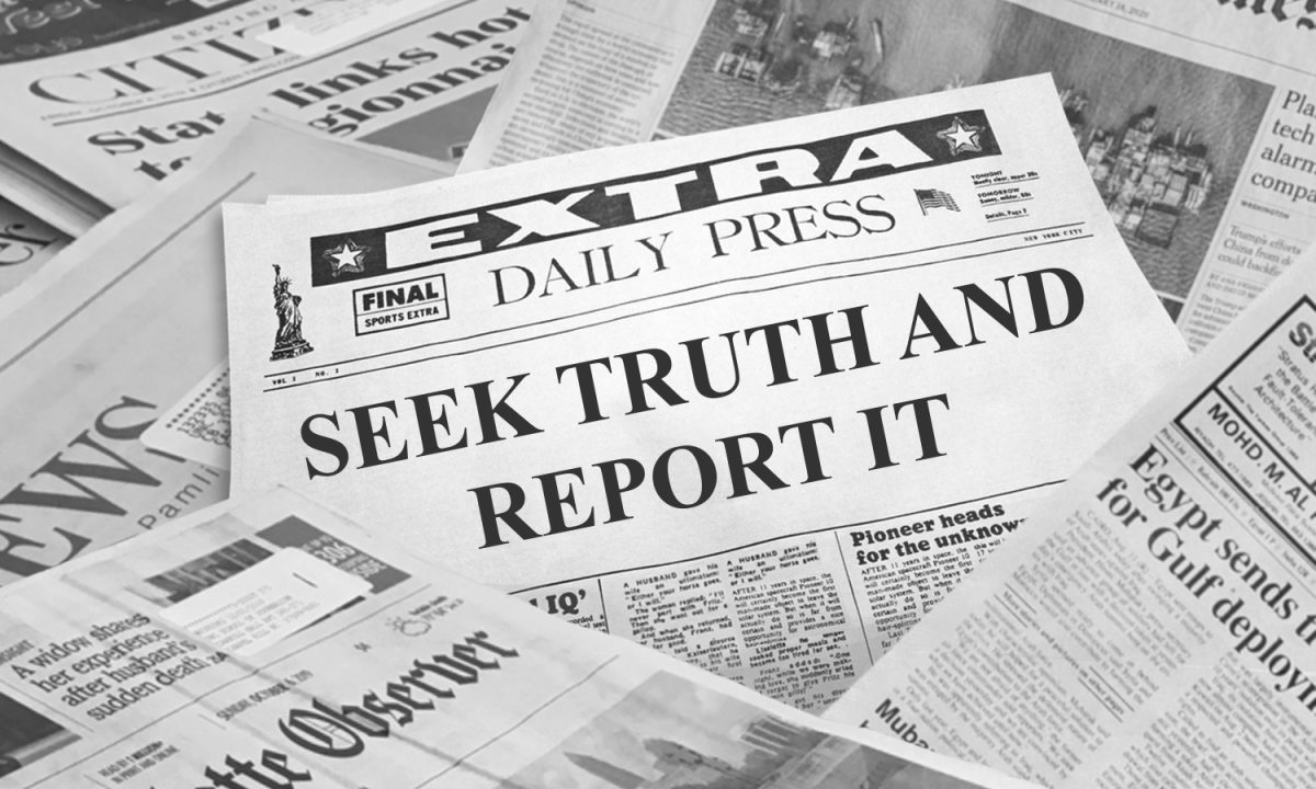 Art of several news papers. The one in the middle reads "Seek truth and report it."