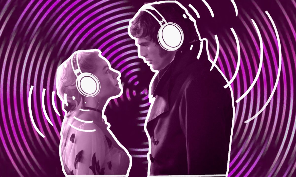 An image of "Wuthering Rights," Margot Robbie and Jacob Elordi, wearing headphones. 
