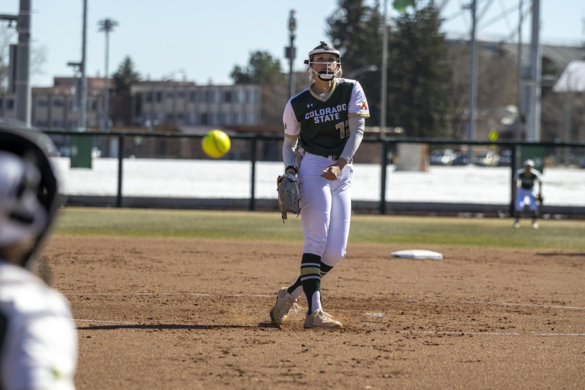 Reagan Wick (12) pitches during Colorado State University’s first game against University of South Dakota March 7. The Rams won 4-2 at the CSU softball field.