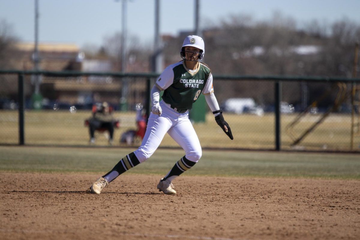 Lindsey Hinson (8) leads off of second during Colorado State University’s first game against University of South Dakota March 7. The Rams won 4-2 at the CSU softball field.