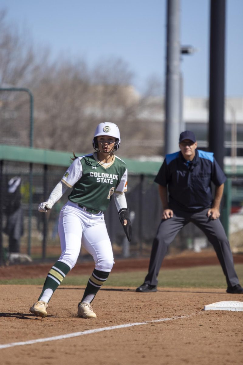 Lindsey Hinson (8) leads off of third during Colorado State University’s first game against University of South Dakota March 7. The Rams won 4-2 at the CSU softball field.
