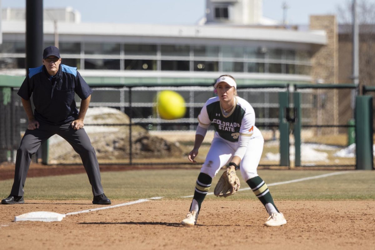 Kyra Smith (22) watches a pitch and prepares for a play during Colorado State University’s first game against University of South Dakota March 7. The Rams won 4-2 at the CSU softball field.
