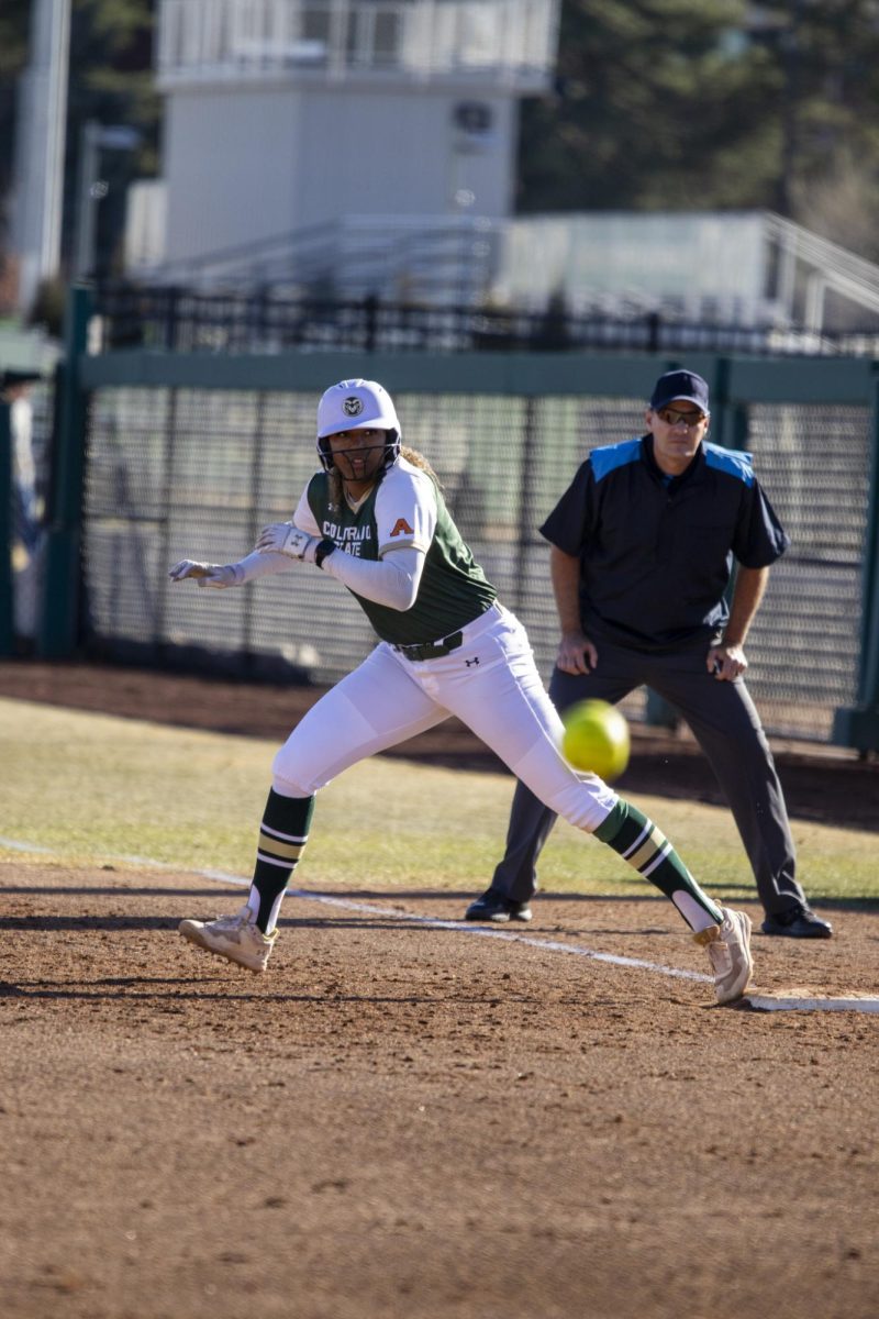 Jailey Wilson (10) leads off of first during Colorado State University’s second game against University of South Dakota March 7. The Rams lost 2-6 at the CSU softball field.