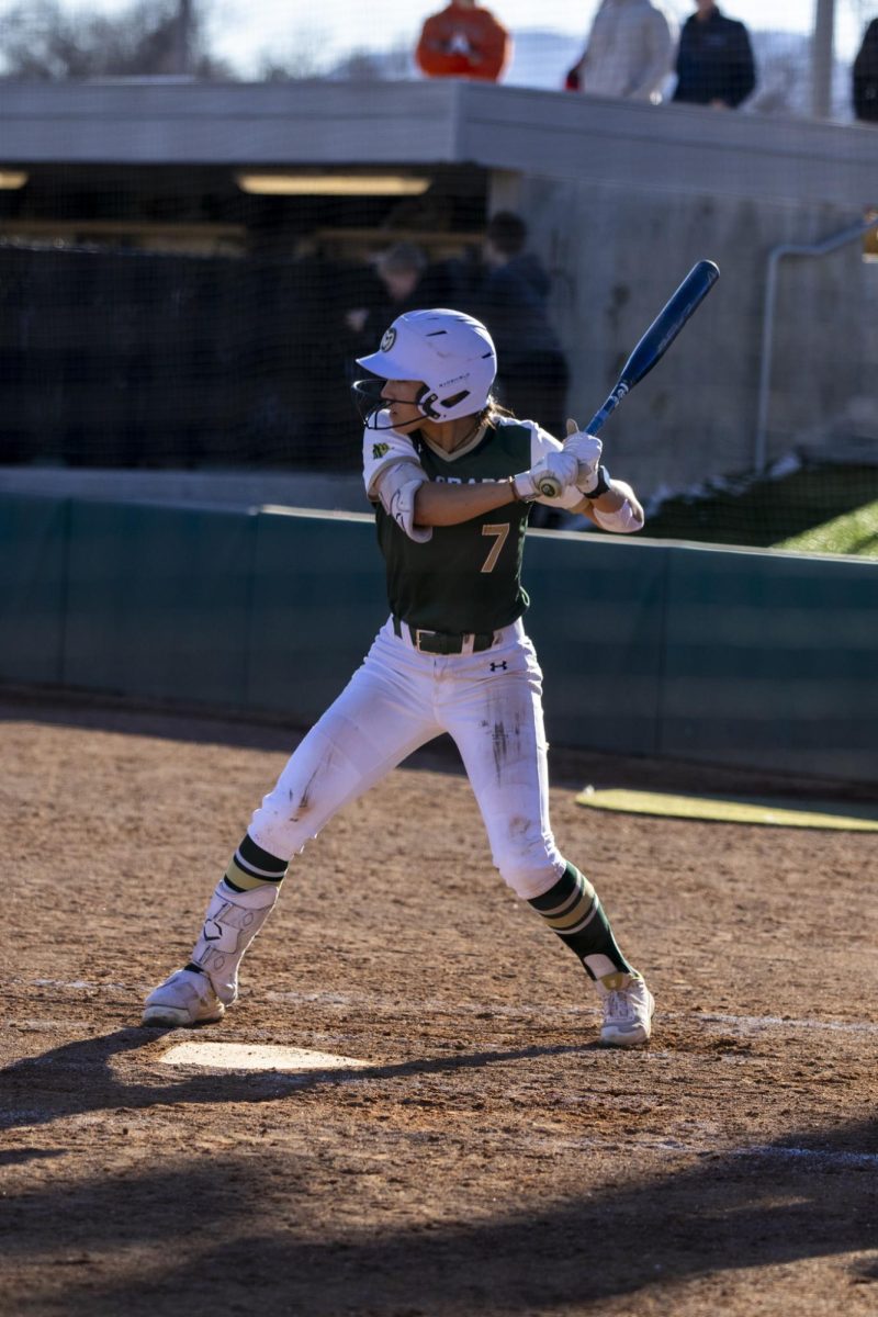 Autumn Rutherford (7) prepares to hit during Colorado State University’s second game against University of South Dakota March 7. The Rams lost 2-6 at the CSU softball field.