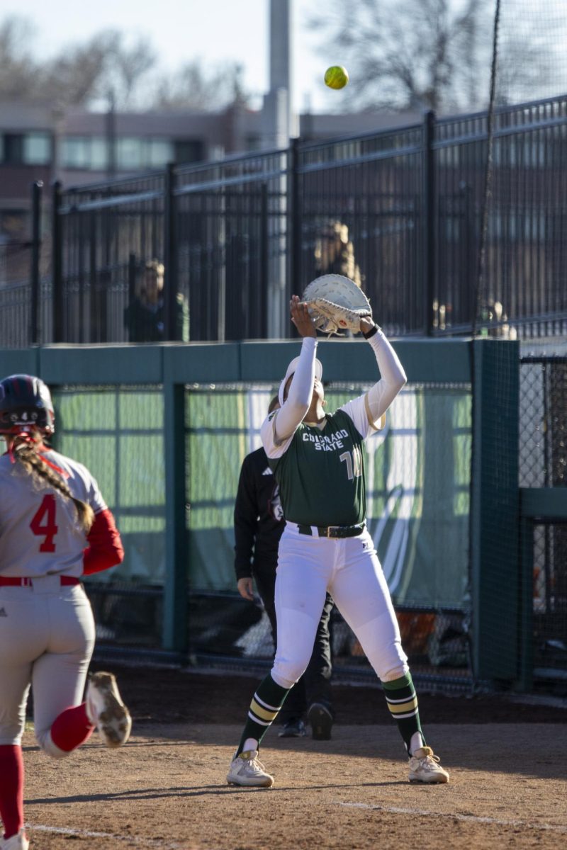 Jailey Wilson (10) catches a foul ball during Colorado State University’s second game against University of South Dakota March 7. The Rams lost 2-6 at the CSU softball field.