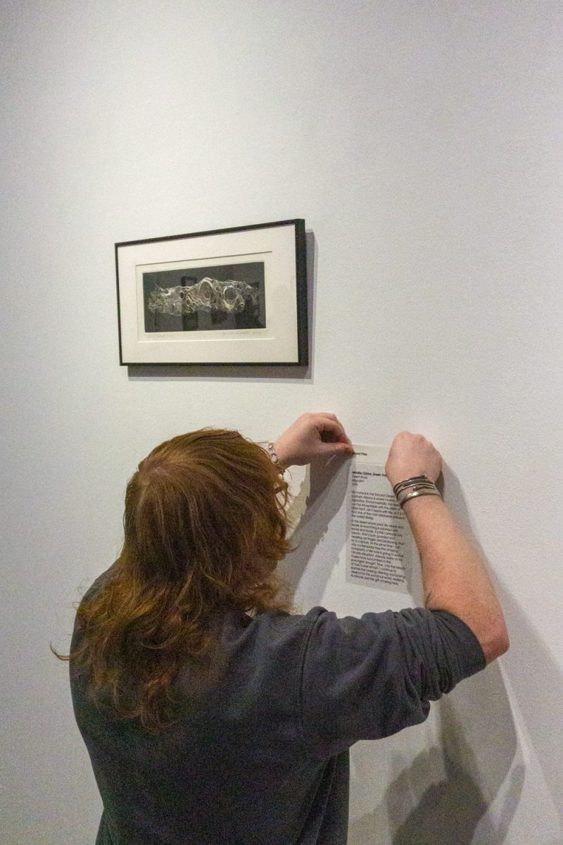 An artpiece titled, "Desert Bone" by Jennifer Clark receives a notation that it won the grand prize during the artists reception of the exhibition, "Under Pressure", part of the 2026 National Printmaking Exhibition at the Lincoln Center March 7. Pieces in this showcase were selected by Colorado State University Associate Professor Johnny Plastini.