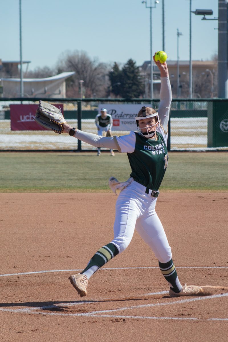 Junior Reagan Wick pitches the ball during Colorado State University’s first game in a double header against the Univeristy of South Dakota Mar. 3. The Rams won 4-2.