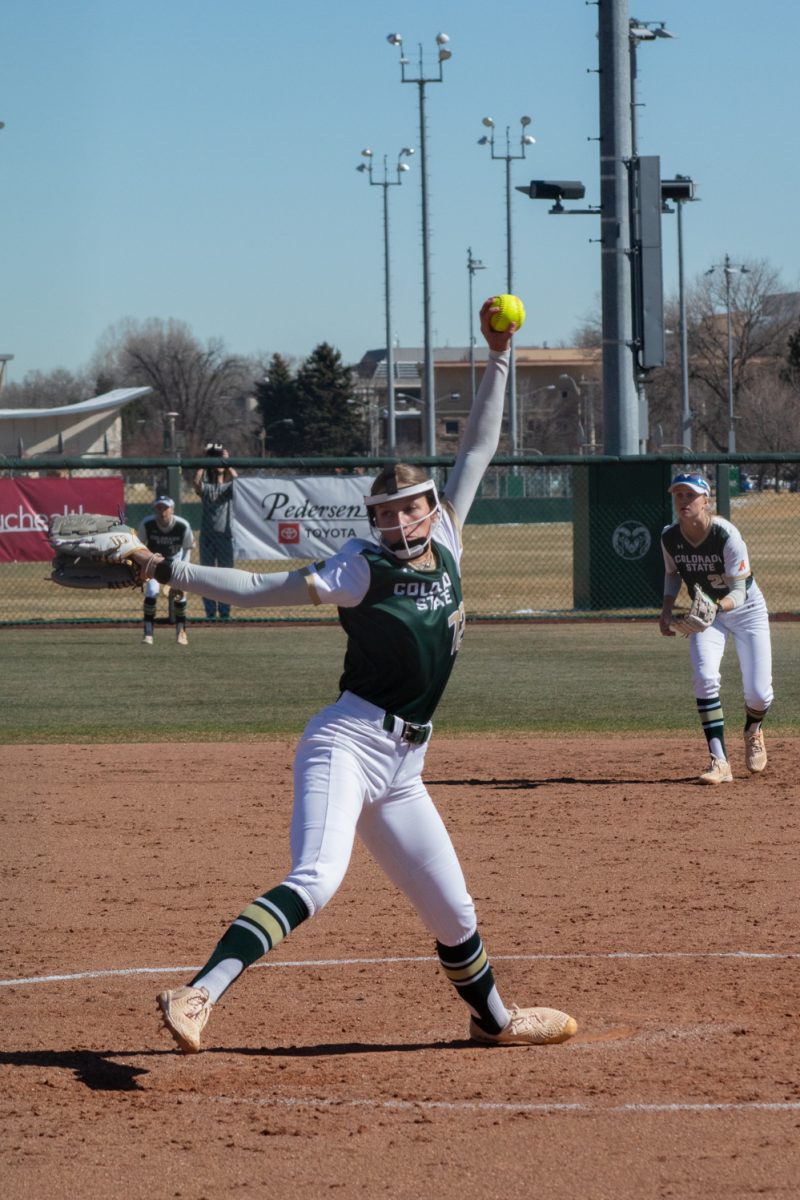 Junior Reagan Wick pitches the ball during Colorado State University’s first game in a double header against the Univeristy of South Dakota Mar. 3. The Rams won 4-2 at the CSU softball field.