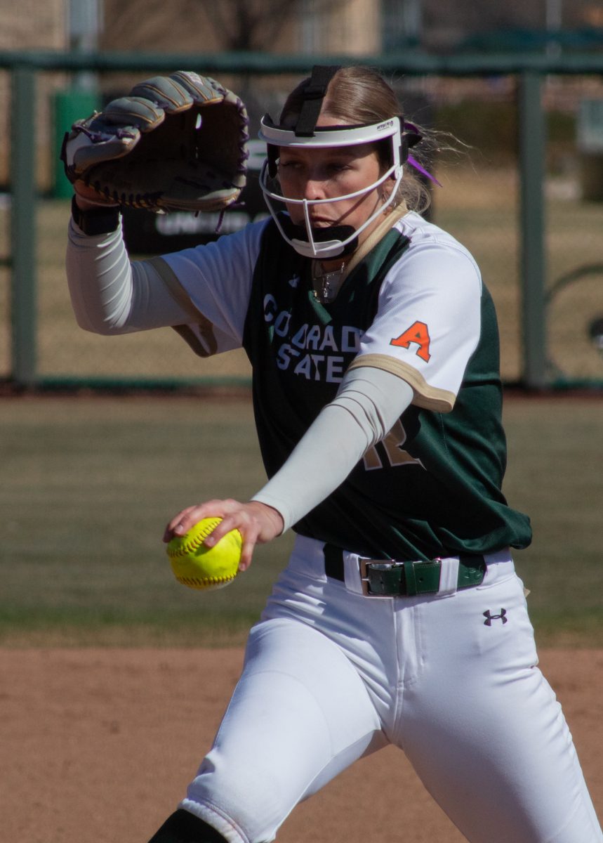 Junior Reagan Wick pitches the ball during Colorado State University’s first game in a double header against the Univeristy of South Dakota Mar. 3. The Rams won 4-2 at the CSU softball field.