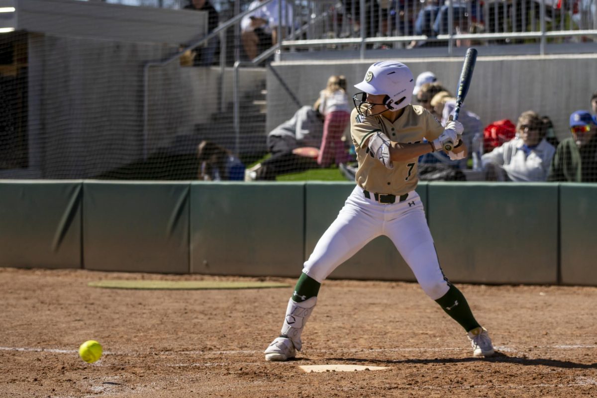 Autumn Rutherford (7) watches a ball go by when batting during Colorado State University’s game against South Dakota State March 8. The Rams secured an 8-0 shutout in five innings at the CSU Softball Field.