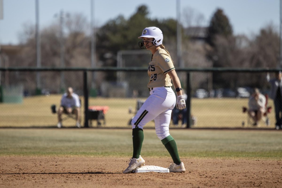 Nadia DeZeeuw (23) prepares to lead off of second base during Colorado State University’s game against South Dakota State March 8. The Rams secured an 8-0 shutout in five innings at the CSU Softball Field.