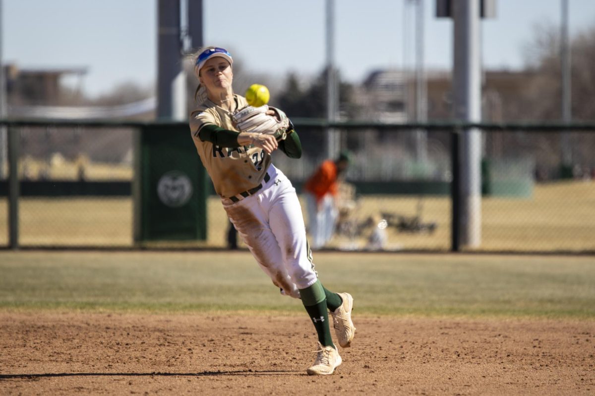 Kaylynn English (28) throws ball to first base during Colorado State University’s game against South Dakota State March 8. The Rams secured an 8-0 shutout in five innings at the CSU Softball Field.