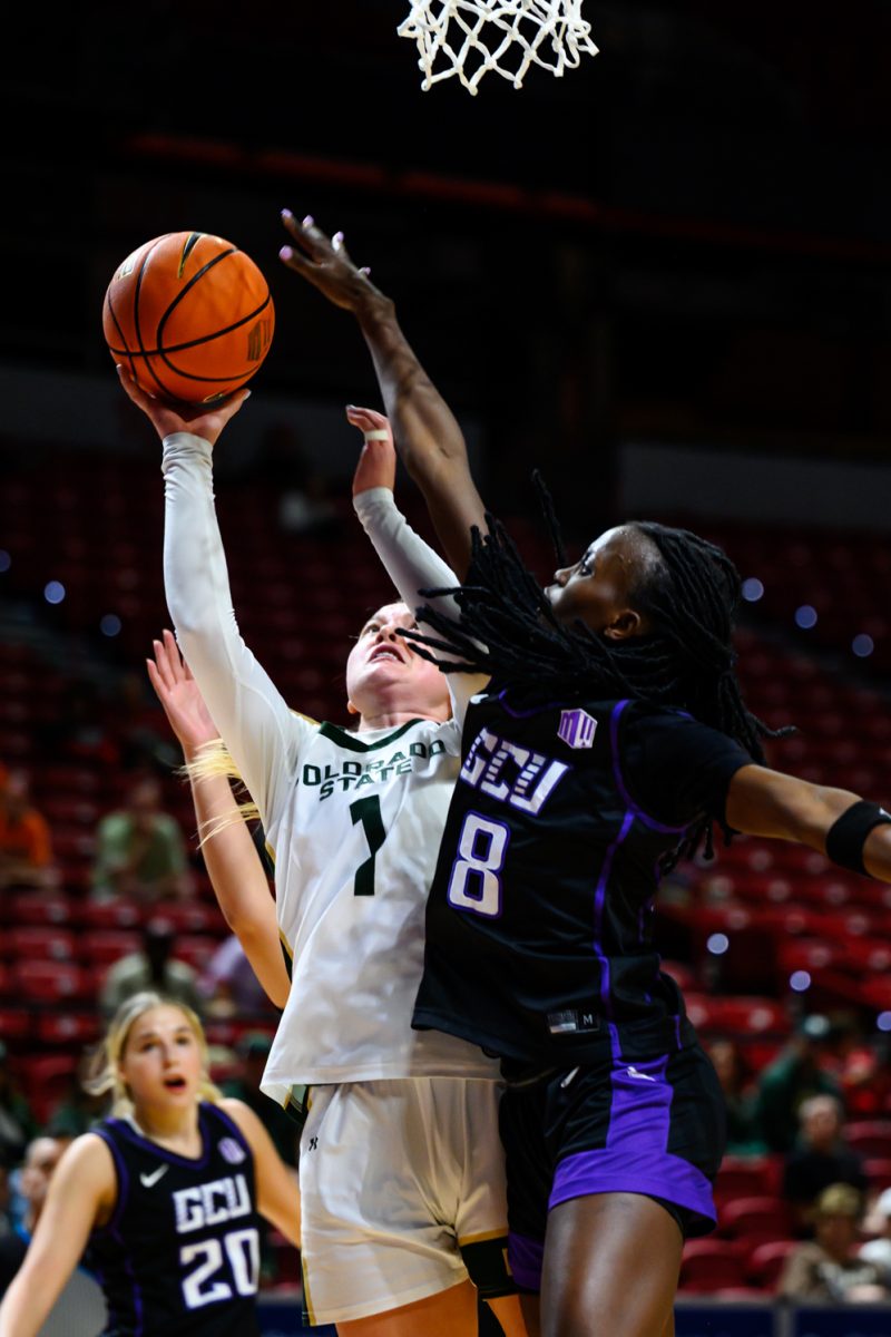 Colorado State Univeresity women's basketball guard Kloe Froebe (1) jumps for the hoop against Grand Canyon University guard Sifa Ineza (8) during CSU's first game in the Mountain West tournament March 8.