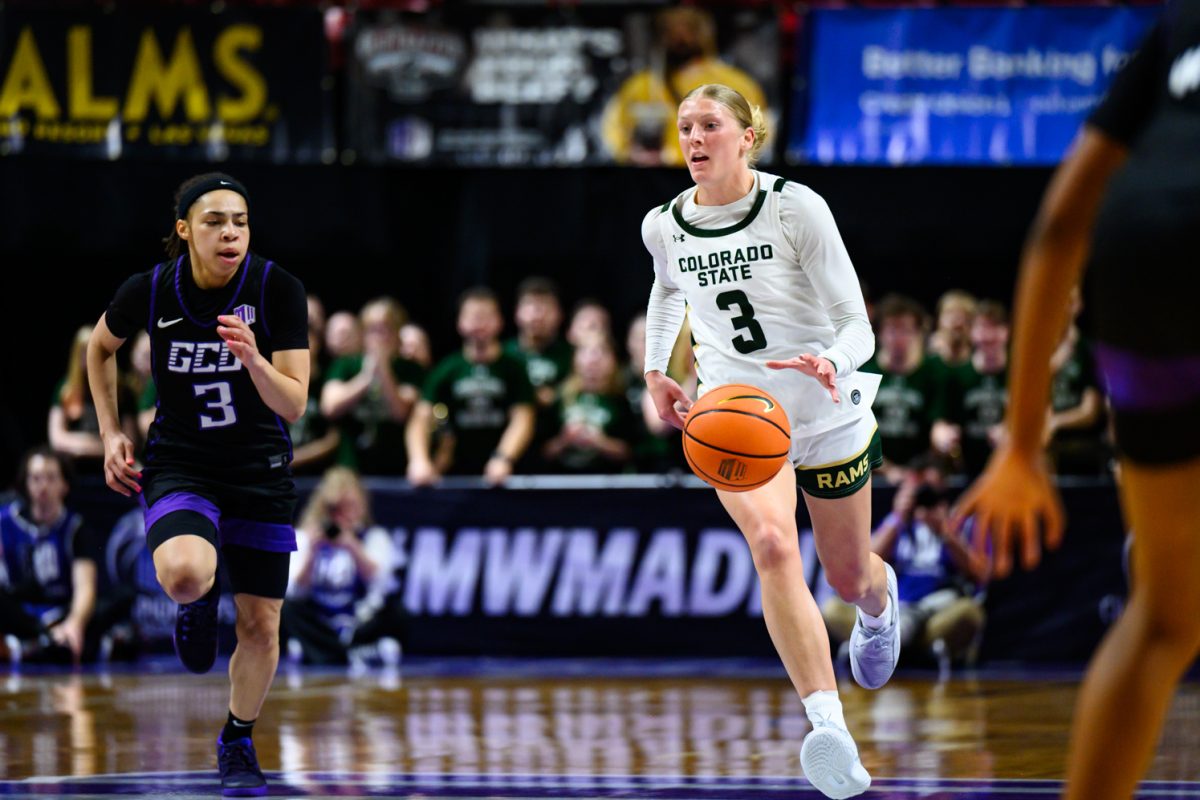 Colorado State University women's basketball guard Lexus Bargesser (3) dribbles down the court during CSU's game against Grand Canyon University in Las Vegas March 8. 