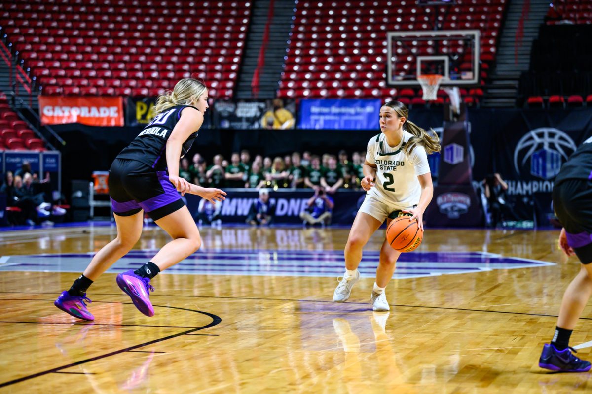 Colorado State University women's basketball guard Brooke Carlson (2) looks for a teammate to pass to during CSU's game against Grand Canyon University in the Mountain West tournament March 8. Carlson scored 15 points against GCU, tying Kloe Froebe (1) for the second most points scored in the Rams' first game in the Mountain West tournament.