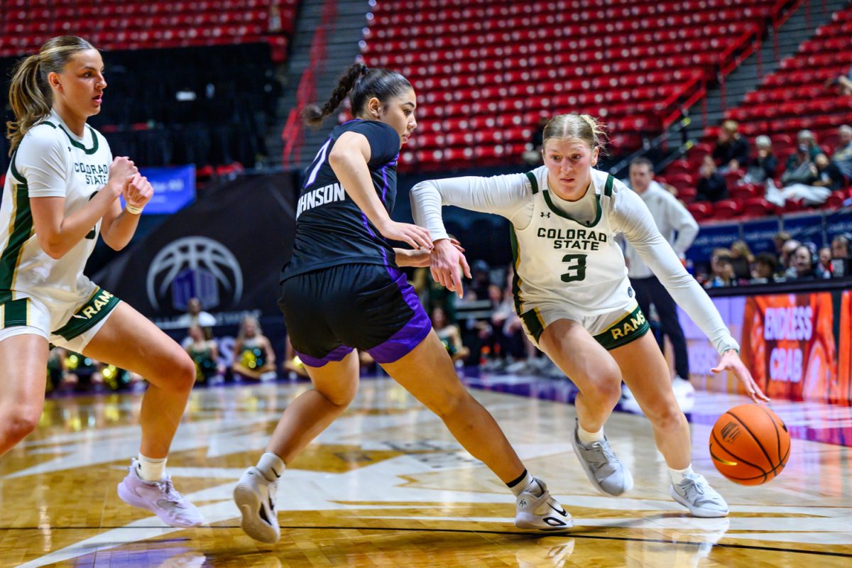 Colorado State University women's basketball guard Lexus Bargesser (3) dribbles around a Grand Canyon University defender during CSU's game against GCU in the Mountain West tournament March 8.
CSU played GCU in their opening game in the Mountain West tournament, winning 61-59. Bargesser was the highest scorer for the Rams, putting up 19 points during the game. 