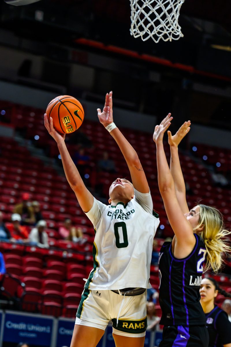 Colorado State University women's basketball forward Madelyn Bragg (0) goes for a layup during CSU's opening game in the Mountain West tournament against Grand Canyon University March 8.